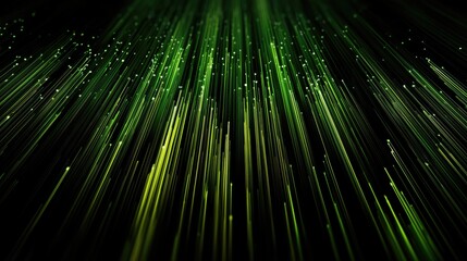 Artificial Intelligence technology background with dynamic green light trails moving upward on black