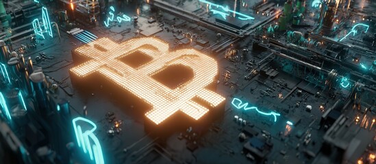 The Bitcoin logo is glowing on the circuit board, in a cyberpunk style with neon light effects
