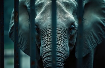 Young elephant pleading gaze behind cage bars. Textured grey skin, dark teal shadows. Confinement evokes sadness, despair, and a plea for freedom. Animal welfare, conservation themes resonate.