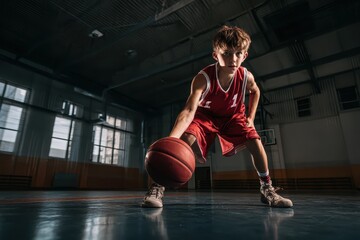 Junior basketball player practicing dribbling skills on court during evening training session at local gym