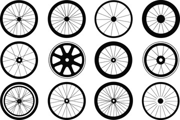 Collection of bicycle wheels, various rim designs, spokes and hubs, black and white vector illustration, bike parts, cycling accessories, transportation components