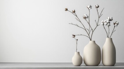 Beige vases with cotton branches sit on a gray table next to a white wall. Simple, trendy, and neutral-colored decor. Space for text.
