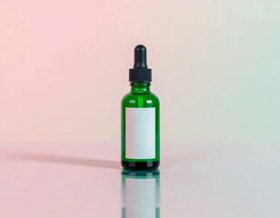 Fototapeta premium Green glass bottle with dropper on pastel gradient background, ideal for cosmetic, skincare, or pharmaceutical product presentation