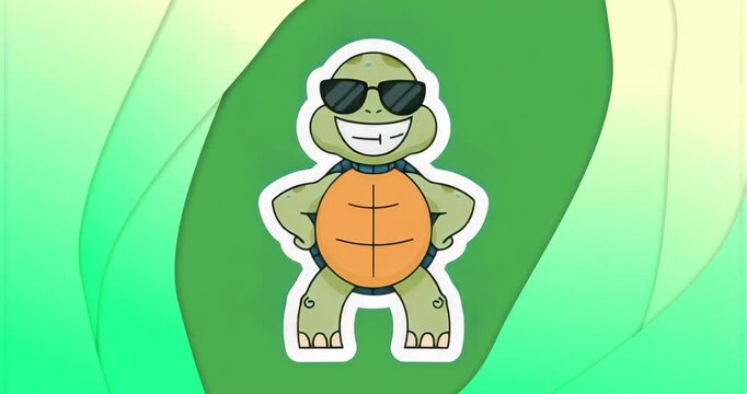 Upon appearing turtle with sunglasses starting head bob for playful vibe against abstract backdrop