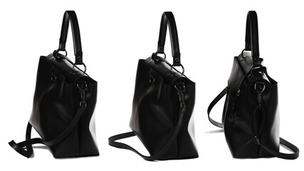 Different angles of a woman's black bag.