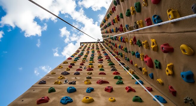 dinding panjat,Colorful climbing wall reaching towards a bright blue sky, perfect for adventure and challenge