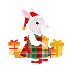 Christmas Bunny with Gifts. Adorable Christmas Rabbit and Holiday Presents. A Festive Illustration of a Rabbit in a Santa Hat and Plaid Dress, Surrounded by Christmas Gifts. Animal in Christmas Theme.