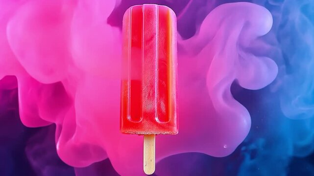 A bright red popsicle on a wooden stick against a colorful smoky background. The popsicle has a smooth texture and a vibrant appearance.