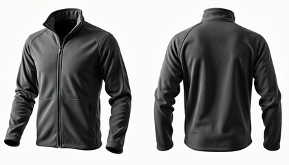 Dark gray fleece jacket front, back views isolated on white background. Features zip closure, collar, sleeves, pockets. Versatile apparel for casual sport wear, offering warmth, style. Perfect for