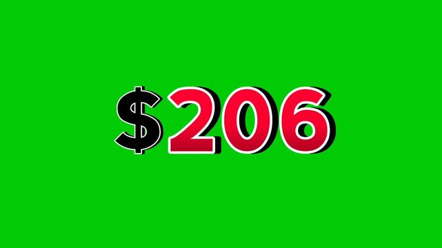 Animation number $206 dollar sign motion graphics with smoke effect green screen background vibrant red numbers. Video 3D effect with shadows for video elements business concept