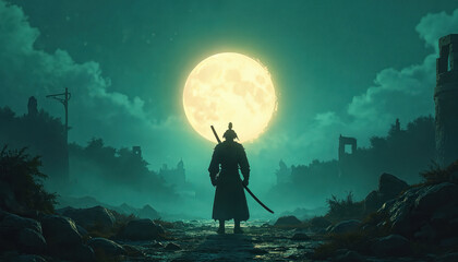 Naklejka premium Mystical illustration of lone samurai warrior with katana ready for battle under luminous full moon. Foggy, mountainous Japanese landscape with ancient ruins, bamboo forest evoke sense of adventure,