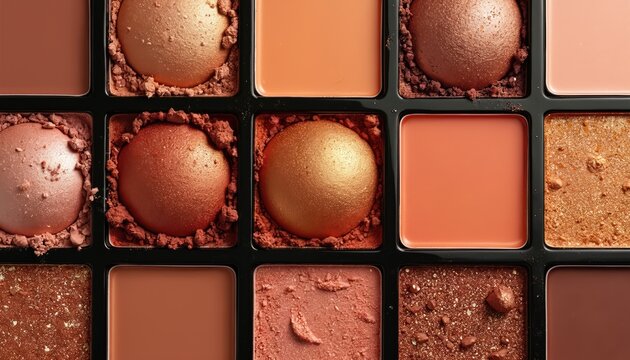 Close-up of vibrant eye makeup palette featuring shimmering bronze, peach, warm tones. Cosmetic collection offers range of metallic hues, matte textures for creative application. Includes eyeshadows, - Powered by Adobe