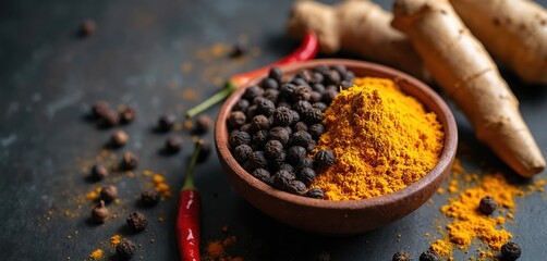 Bowl filled with black peppercorns and vibrant turmeric powder, next to red chili peppers and whole turmeric roots. Dark backdrop creates rich culinary scene with scattered spices.