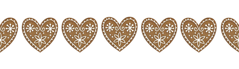 Gingerbread hearts romantic seamless border. Hand drawn illustration for holiday packaging gifts invitations and menus.