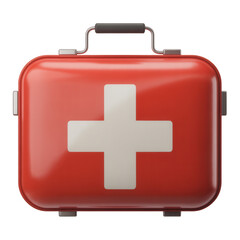 Fototapeta premium A red and white first aid kit, essential for safety and emergencies during a camping or hiking trip.
