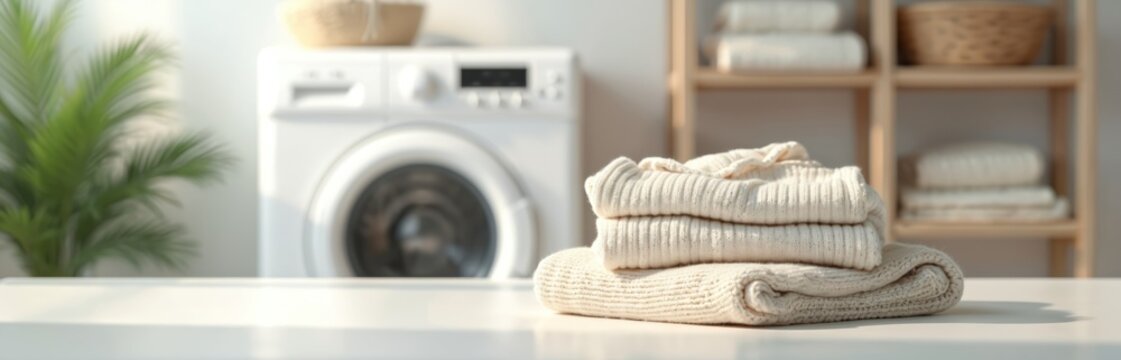 Neatly folded baby clothes in elegant warm tones. Modern washing machine blurred in background, creating serene, clean, comfortable atmosphere. Image conveys simplicity, freshness in home laundry