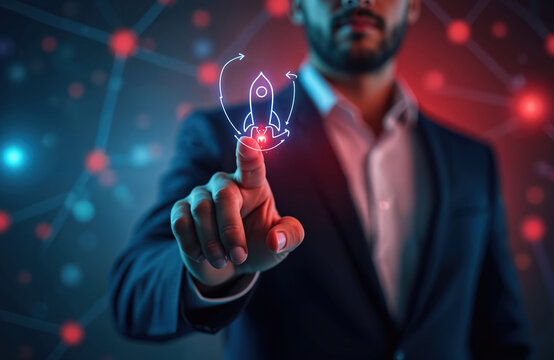 Businessman activates rocket launch, startup growth, innovation. Futuristic concept of technology advancement, business strategy, achieving future success. Entrepreneurial vision powers career - Powered by Adobe