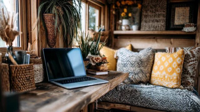Medium shot of a compact workspace inside a tiny house focus on a laptop and handmade organizers blurred wall art and cushions enhance alternative lifestyle vibe.