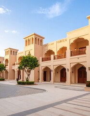 Tan buildings with arched entryways, balconies, and wind towers under a clear sky
