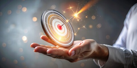 Fototapeta premium A hand holds a glowing target with an arrow hitting the bullseye, symbolizing success and achievement in business and strategy.