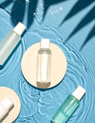 Teal water ripples surround cosmetic bottles on light beige coasters