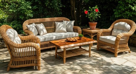 Rattan Patio Furniture Set in Sun-Dappled Garden