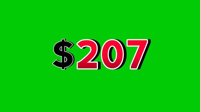 Animation number $207 dollar sign motion graphics with smoke effect green screen background vibrant red numbers. Video 3D effect with shadows for video elements business concept
