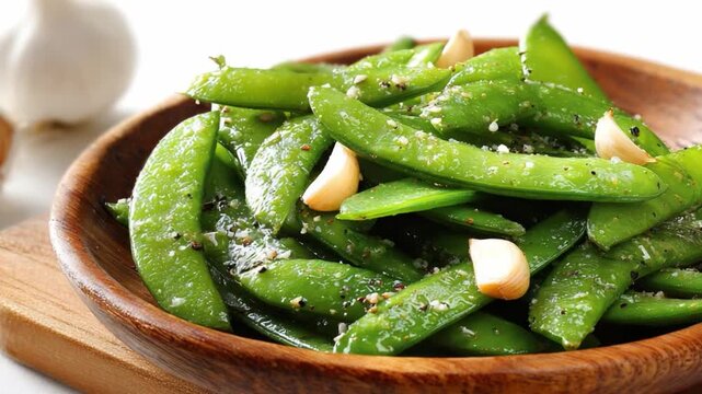 Saut&eacute;ed Pea Pods: A close-up view showcases an appetizing assortment of vibrant green pea pods, complemented by the subtle zest of garlic and seasoning, presented in a rustic wooden bowl.