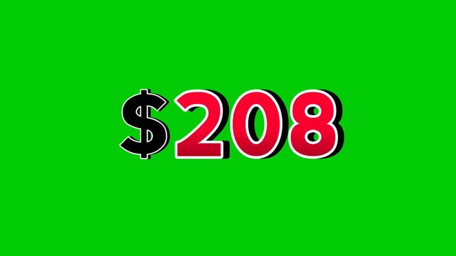 Animation number $208 dollar sign motion graphics with smoke effect green screen background vibrant red numbers. Video 3D effect with shadows for video elements business concept