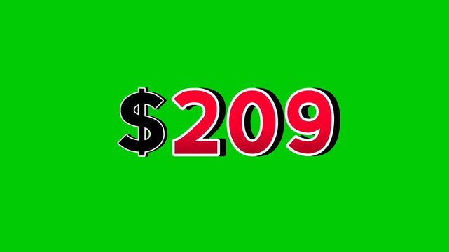 Animation number $209 dollar sign motion graphics with smoke effect green screen background vibrant red numbers. Video 3D effect with shadows for video elements business concept