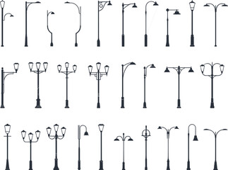 Set of various street lamp silhouettes, different styles and heights, urban lighting design, vintage and modern, isolated vector icons, black streetlights collection.