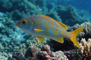 Obraz premium Underwater shot of a colorful fish near a coral reef