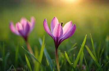Obraz premium Close-up pink Colchicum flowers in a sunny meadow. This autumn blooming plant, also known as meadow saffron, features delicate purple petals against green grass.