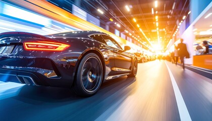 Obraz premium Fast Sports Car in Dynamic Motion with Elegant Streamlined Details and Blur Background Emphasizing Performance and Cutting-Edge Design 