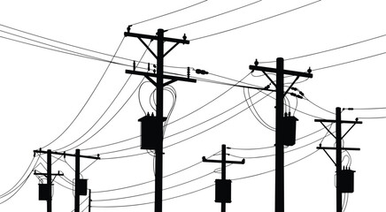 Silhouette of multiple electric utility poles with power lines and transformers, ideal for energy, infrastructure, electricity distribution, and urban grid design.