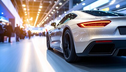 Obraz premium Sleek Sports Car Showcase Featuring Streamlined Design and Powerful Motion with Artistic Blur Effect for Automotive Exhibition Branding