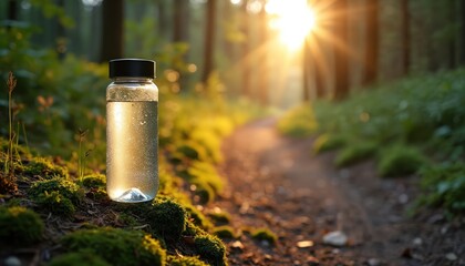 Clear plastic water bottle filled with water sits on mossy ground beside forest path. Sun shines brightly through trees creating lens flare. Hydration essential for outdoor adventure, eco-friendly