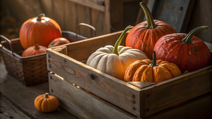 Autumn Harvest: A rustic wooden crate overflowing with an assortment of vibrant pumpkins of various shapes and sizes, bathed in the warm glow of autumn light.