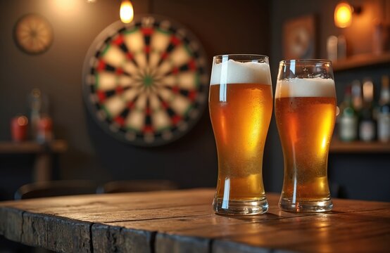 Two glasses of golden beer sit on rustic wooden table in dimly lit, cozy pub. Colorful dartboard hangs on wall in blurred background, suggesting lively atmosphere for games, socializing. Perfect for