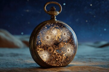 Antique pocket watch in desert at night (1)
