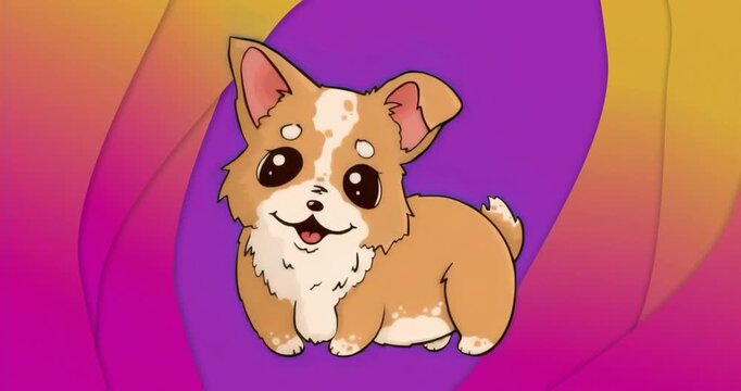 On start corgi puppy posing while gradient shapes shifting hues toward purple for pulsing backdrop