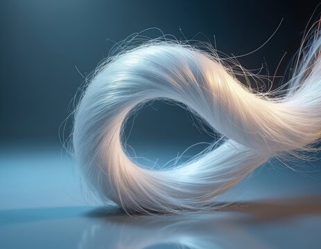 Close-up shot captures delicate loop of fine white fibers against soft blue background. Synthetic material, resembling fine hair thread, shows subtle light reflection, texture. Appears clean, pure,