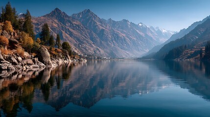 Wide tranquil mountain lake reflecting majestic peaks under blank upper sky, serene and peaceful nature landscape ideal for meditation, outdoor travel, wellness, adventure, and scenic exploration
