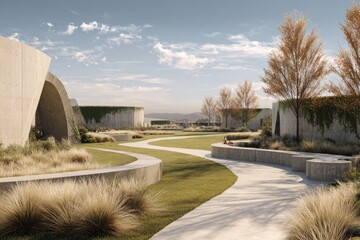 Serene architectural landscape with curving pathways