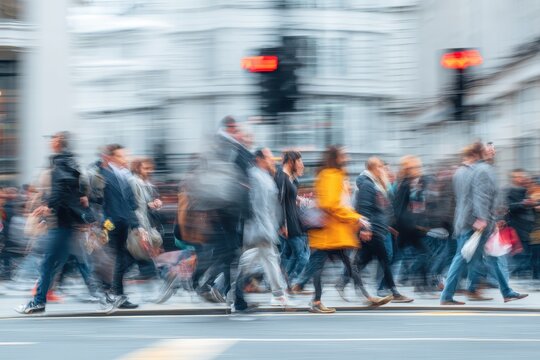Busy urban street filled with a diverse crowd of people walking briskly during the day