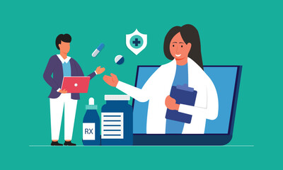 Online medical consultation service, female doctor explaining prescription through video call to patient holding medical records