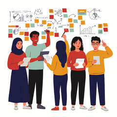 Obraz premium A diverse group of young professionals collaborates on a strategic business project, brainstorming ideas and analyzing data on a dynamic whiteboard.