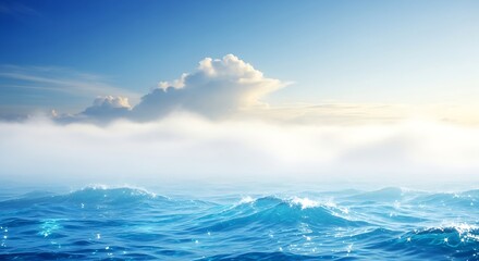 Fototapeta premium Gentle ocean waves roll towards the shore under a hazy sky