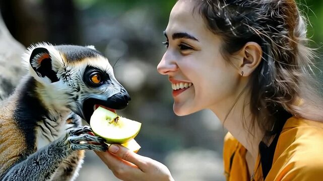 A young Middle-Eastern woman with dark hair smiles while feeding a ring-tailed lemur a slice of apple in a natural setting.