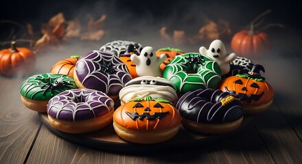 A festive assortment of halloweenthemed donuts, decorated with spooky spiderwebs, ghosts, and pumpkins food item background